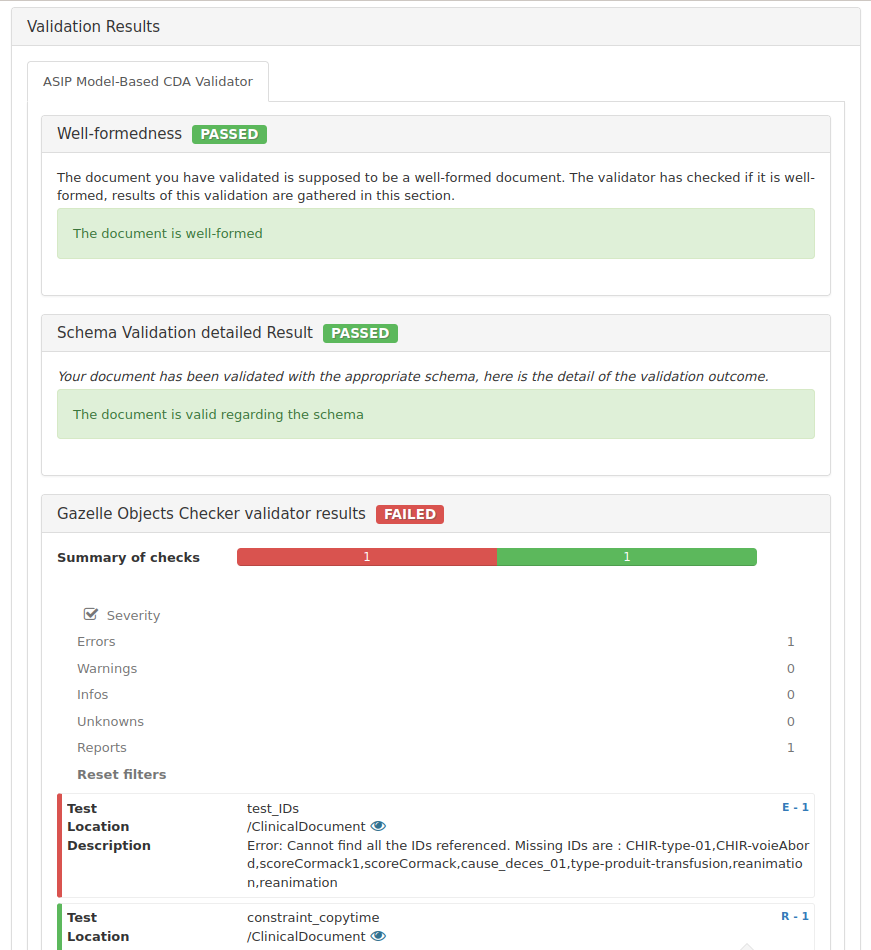 Validation results panel